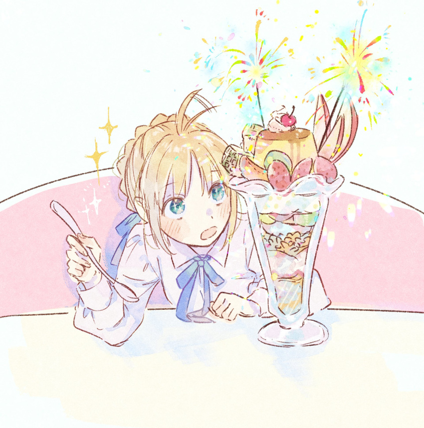 1girl ahoge ahoge_wag artoria_pendragon_(all) bangs blonde_hair blue_eyes blue_neckwear blush braid cherry commentary_request crown_braid expressive_hair fate/stay_night fate_(series) fireworks food fruit highres holding holding_spoon long_sleeves machi_(uqyjee) neck_ribbon open_mouth parfait pudding ribbon saber shirt short_hair sitting solo sparkle sparkler sparkling_eyes spoon strawberry table white_background white_shirt