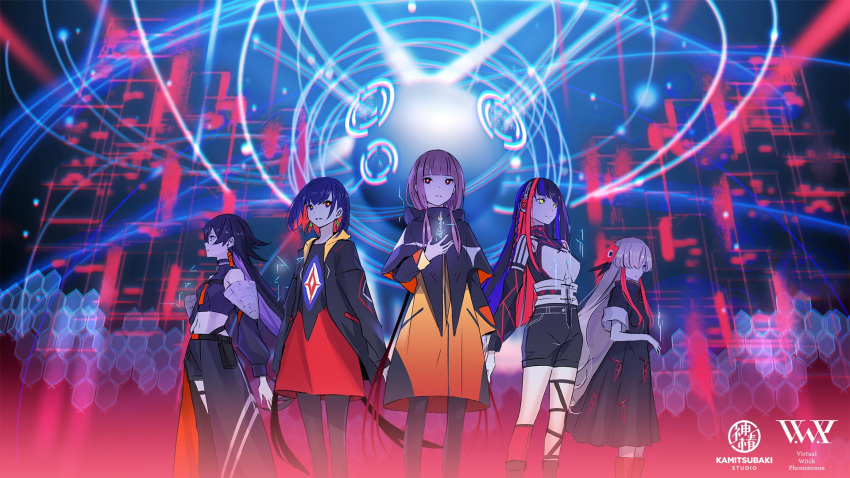5girls asymmetrical_legwear blue_hair boots coat colored_inner_hair crop_top detached_sleeves earrings expressionless feet_out_of_frame glowing glowing_eyes hair_ornament harusaruhi hexagon highres hood hood_down hooded_jacket isekai_joucho jacket jewelry kaf_(kamitsubaki_studio) kamitsubaki_studio koko_(kamitsubaki_studio) light_trail long_hair multicolored multicolored_eyes multicolored_hair multiple_girls navel official_art open_clothes open_jacket palow pantyhose parted_lips red_footwear redhead rim_(kamitsubaki_studio) science_fiction short_hair short_sleeves shorts sidelocks silver_hair twintails two-tone_hair virtual_youtuber