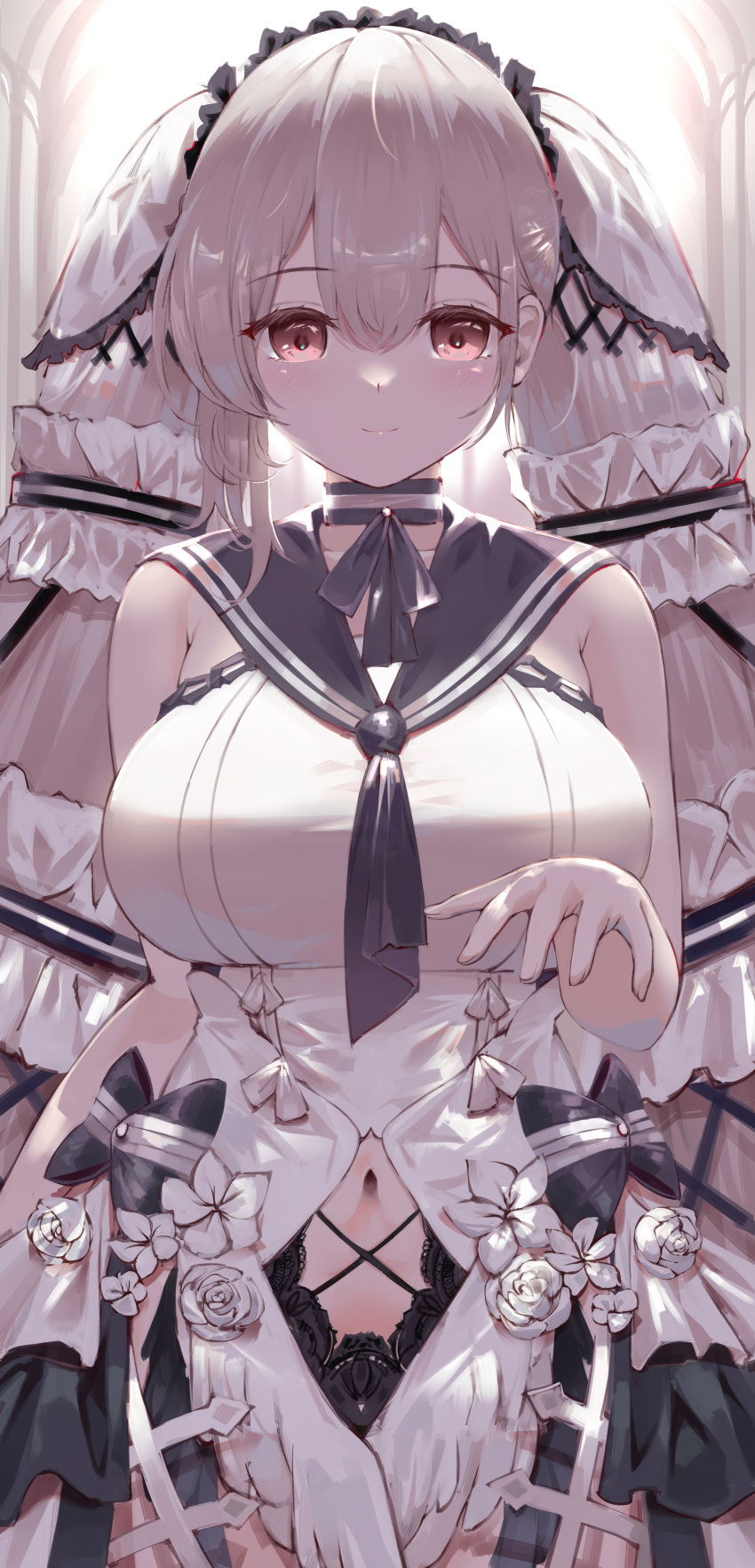 1girl absurdres armpit_crease azur_lane backlighting bangs bare_shoulders black_choker black_dress black_neckwear black_sailor_collar blush bow_dress breasts choker closed_mouth clothing_cutout collarbone commentary cowboy_shot dress eyebrows_visible_through_hair feather_dress formidable_(azur_lane) formidable_(timeless_classics)_(azur_lane) frilled_dress frills grey_hair hair_between_eyes hair_ornament hair_ribbon hand_up highres large_breasts long_hair looking_at_viewer navel navel_cutout neckerchief official_alternate_costume red_eyes ribbon sailor_collar sakkama sidelocks smile solo standing twintails two-tone_dress two-tone_ribbon veil very_long_hair white_dress