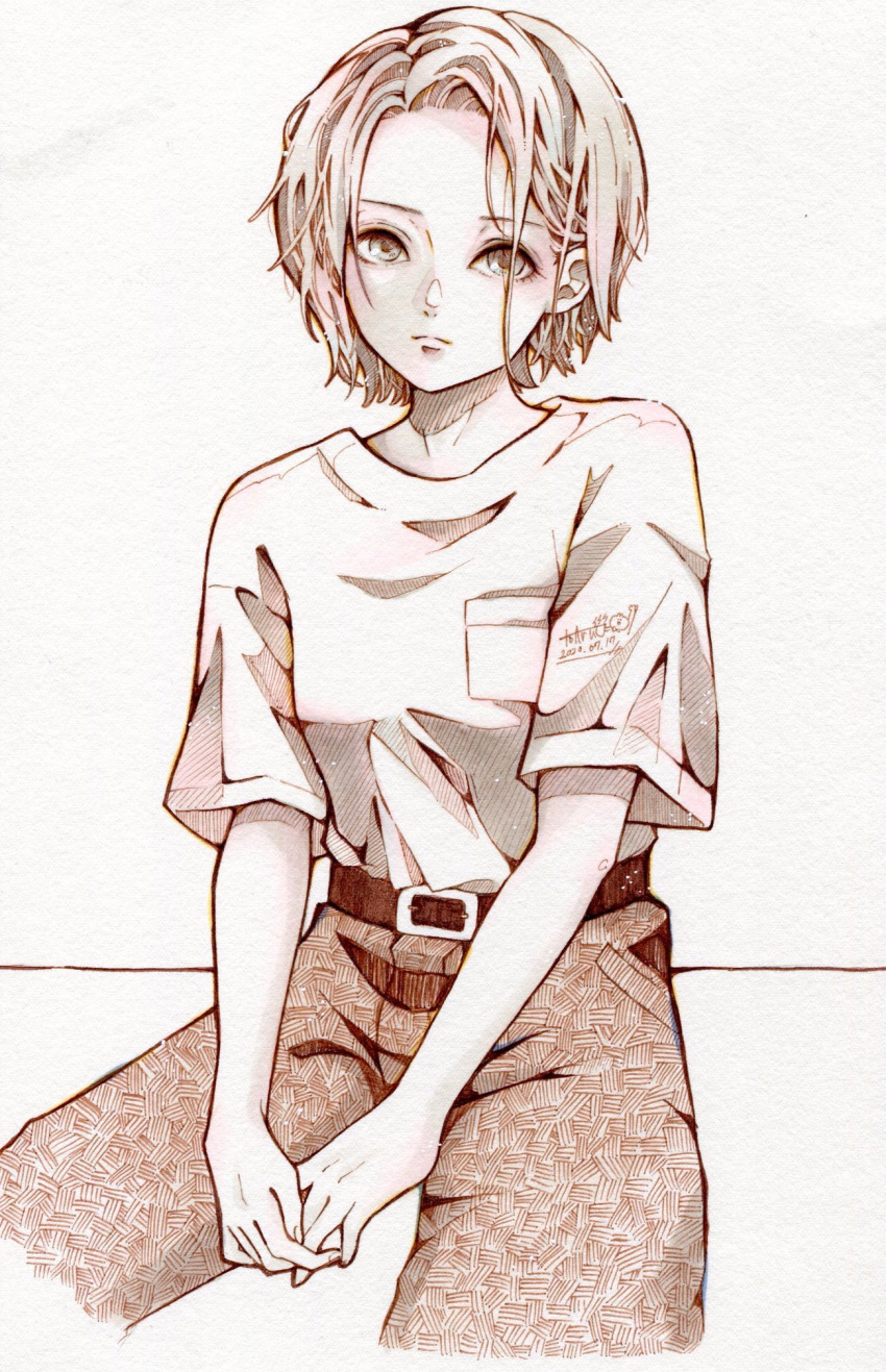 1girl belt breast_pocket dated highres monochrome original pants pocket shirt shirt_tucked_in short_hair short_sleeves signature simple_background sitting solo toaruocha white_background white_hair white_shirt