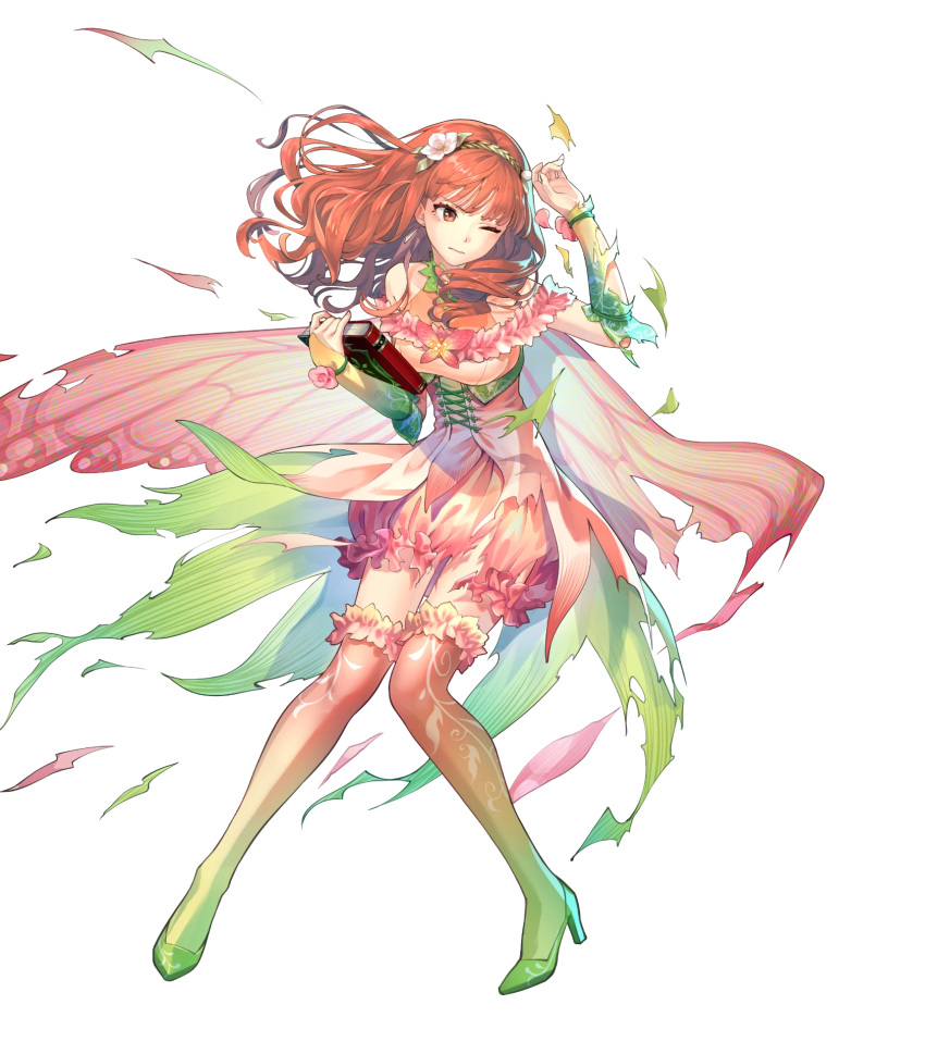 1girl alternate_costume bangs bare_shoulders book bridal_gauntlets cape celica_(fire_emblem) closed_mouth detached_collar dress earrings fire_emblem fire_emblem_echoes:_shadows_of_valentia fire_emblem_heroes flower frilled_skirt frills full_body gradient gradient_clothes hair_ornament hairband high_heels highres holding holding_book jewelry kaekae long_hair looking_away official_art one_eye_closed pink_dress red_eyes redhead shiny shiny_hair shoes skirt sleeveless thigh-highs torn_clothes transparent_background zettai_ryouiki