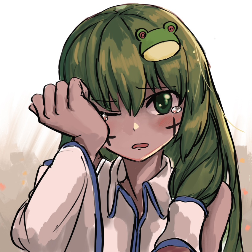 1girl bangs blush commentary_request cookie_(touhou) cross eyebrows_visible_through_hair facepaint frog_hair_ornament green_eyes green_hair hair_between_eyes hair_ornament hair_tubes highres kochiya_sanae long_hair looking_at_viewer nob1109 one_eye_closed open_mouth paseri_(cookie) shirt solo tearing_up tears touhou upper_body white_shirt wiping_tears