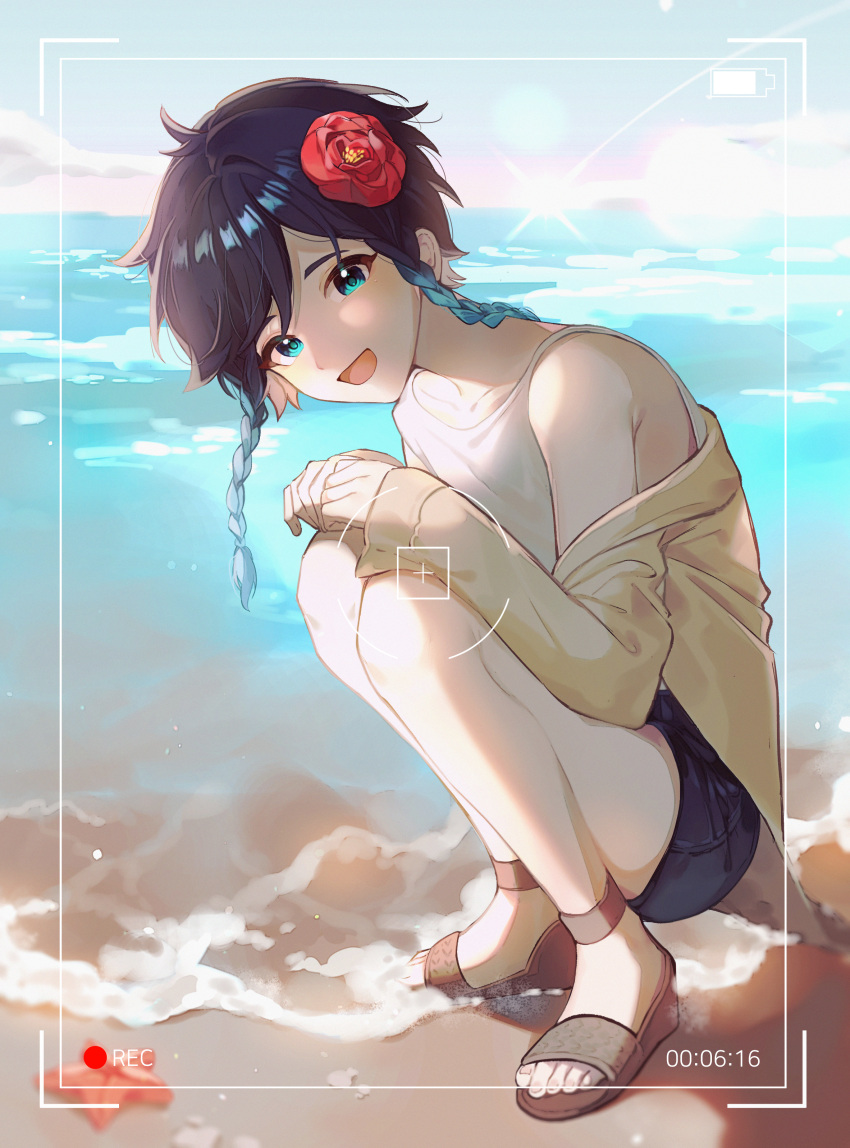 1boy absurdres androgynous bangs bare_shoulders beach black_hair blue_hair braid collarbone commentary_request day flower from_side genshin_impact gradient_hair green_eyes hair_flower hair_ornament highres huge_filesize jacket jacket_removed kkopoli long_sleeves looking_at_viewer male_focus multicolored_hair ocean open_mouth outdoors red_flower sandals short_hair_with_long_locks shorts sleeveless smile solo squatting starfish twin_braids venti_(genshin_impact) water yellow_jacket