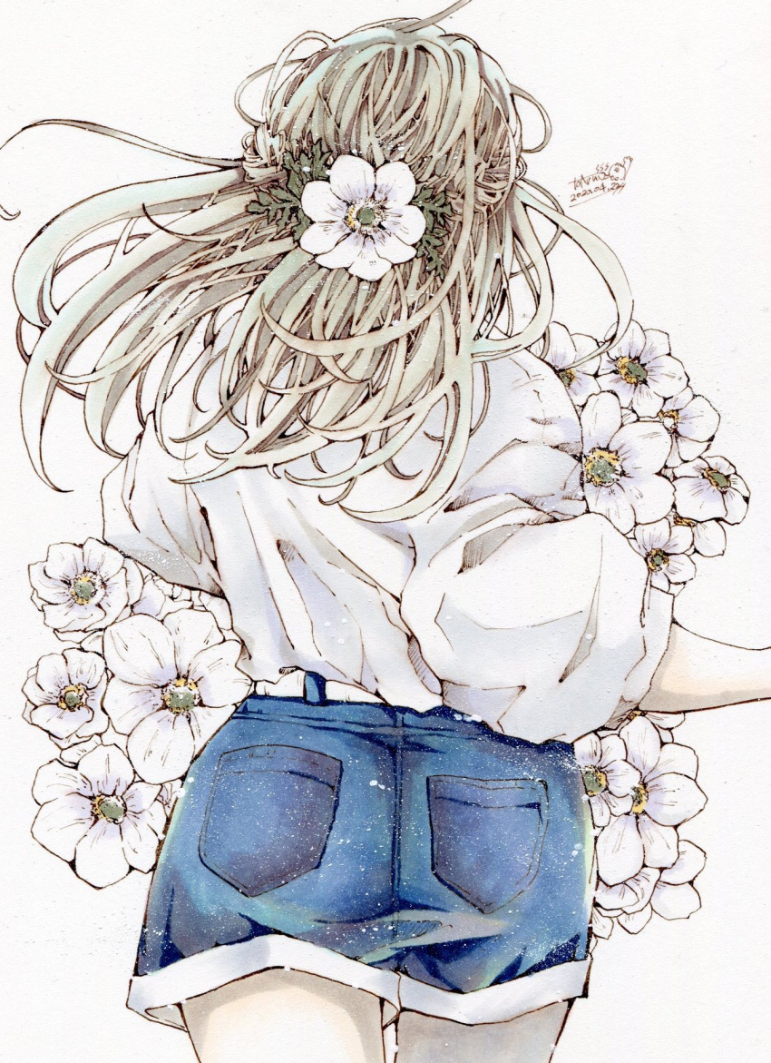 1girl belt blue_shorts brown_hair cowboy_shot dated flower from_behind highres leaf long_hair long_sleeves original pocket puffy_long_sleeves puffy_sleeves shirt shirt_tucked_in shorts signature solo toaruocha white_belt white_flower white_shirt