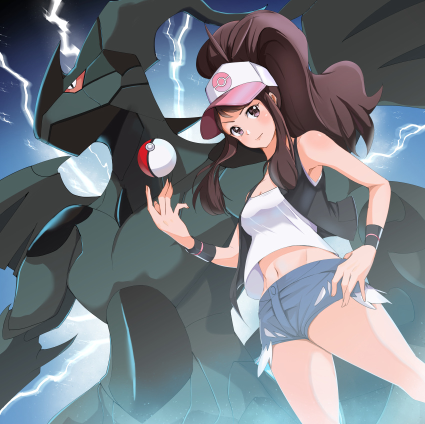 1girl absurdres baseball_cap black_vest blush brown_eyes brown_hair closed_mouth commentary_request dark_n denim denim_shorts electricity eyelashes from_below gen_5_pokemon hand_on_hip hat high_ponytail highres hilda_(pokemon) legendary_pokemon long_hair navel poke_ball poke_ball_(basic) pokemon pokemon_(creature) pokemon_(game) pokemon_bw shirt short_shorts shorts sidelocks sleeveless sleeveless_shirt tank_top vest white_shirt wristband zekrom