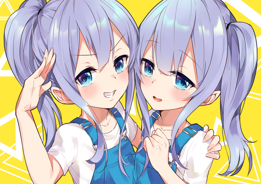 2girls blue_eyes bon_(bonbon315) denim eyebrows_visible_through_hair face-to-face hair_between_eyes happy long_hair looking_at_viewer multiple_girls open_mouth original overalls ponytail purple_hair salute short_sleeves siblings smile teeth twins