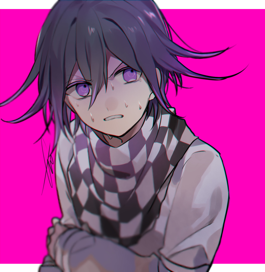 1boy bangs blurry blurry_foreground checkered checkered_neckwear checkered_scarf clenched_teeth commentary_request dangan_ronpa_(series) dangan_ronpa_v3:_killing_harmony depth_of_field grey_jacket hair_between_eyes highres huyuharu0214 jacket letterboxed long_sleeves looking_at_viewer male_focus medium_hair ouma_kokichi purple_hair scarf shiny shiny_hair signature simple_background solo straitjacket sweat teeth upper_body violet_eyes