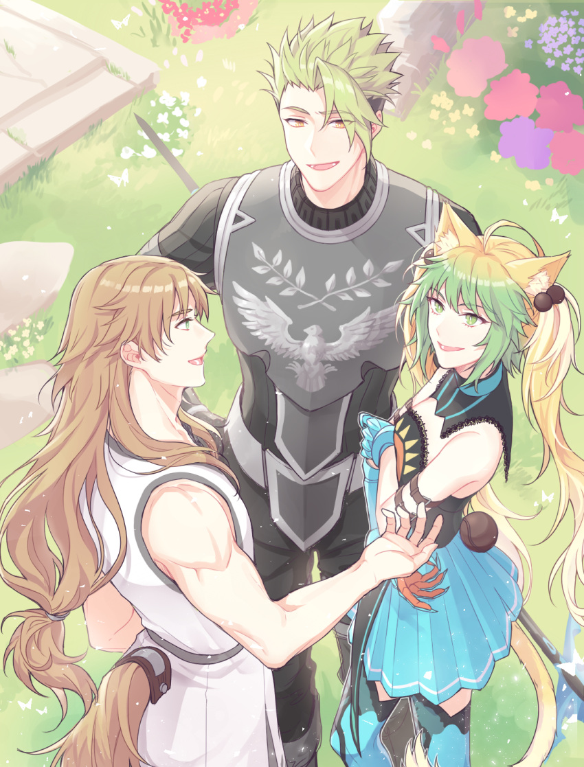 1girl 2boys achilles_(fate) animal_ears atalanta_(fate) blonde_hair brown_hair cat_ears cat_tail chiron_(fate) fate/apocrypha fate_(series) green_eyes green_hair hair_bobbles hair_ornament highres horse_tail long_hair low-tied_long_hair mikkat multiple_boys ponytail tail twintails undercut yellow_eyes