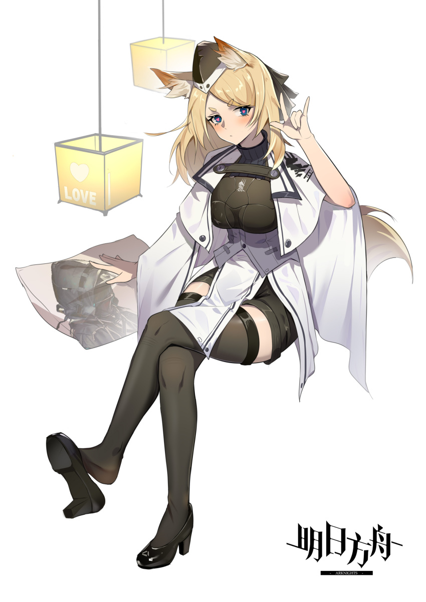 1girl \m/ absurdres animal_ear_fluff animal_ears arknights bangs belt black_footwear black_headwear black_legwear black_ribbon blonde_hair blue_eyes breasts cameo cape character_pillow chinese_commentary commentary_request copyright_name crossed_legs doctor_(arknights) eyebrows_visible_through_hair garrison_cap hair_ribbon hat heart heart-shaped_pupils high_heels highres horse_ears horse_girl horse_tail invisible_chair kingdom_of_kazimierz_logo lamp long_hair long_sleeves looking_at_viewer medium_breasts ribbon short_eyebrows sitting solo swept_bangs symbol-shaped_pupils tail thigh-highs whislash_(arknights) white_background white_cape xuxuxu zettai_ryouiki