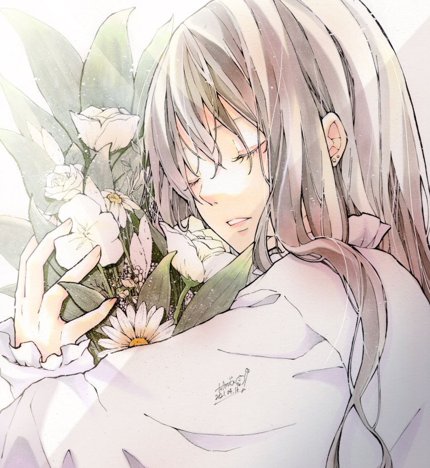 1girl brown_hair closed_eyes dated earrings flower frilled_sleeves frills hand_up highres jewelry leaf long_hair original parted_lips plant shirt signature solo toaruocha white_flower white_shirt