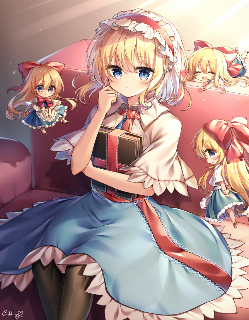 1girl absurdres alice_margatroid apron arm_up bangs belt black_legwear blonde_hair blue_dress blue_eyes blush book bow cape closed_eyes closed_mouth collar couch doll dress eyebrows_visible_through_hair eyes_visible_through_hair flying hair_between_eyes hairband hand_up highres light long_hair looking_at_viewer lying open_mouth pantyhose pudding_(skymint_028) red_belt red_bow red_hairband red_neckwear shadow shanghai_doll shoes short_hair sitting smile solo touhou white_apron white_cape white_collar