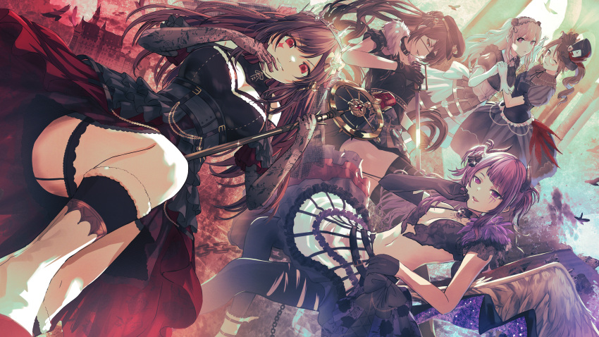 5girls absurdres arch bird black_hair boots breasts brown_hair bustier chain choker dress elbow_gloves eyepatch facepaint feathers fur-trimmed_collar garter_straps glasses gloves gothic gothic_lolita hair_ornament hat heart-shaped_lock highres holding holding_hands holding_staff holding_sword holding_weapon horns huge_filesize idolmaster idolmaster_shiny_colors l'antica_(idolmaster) lace lace_gloves large_breasts lolita_fashion long_hair mansion medium_breasts medium_hair midriff mini_hat miniskirt misaki_nonaka mismatched_gloves mitsumine_yuika moon multiple_girls one_eye_closed outdoors puffy_short_sleeves puffy_sleeves purple_hair red_eyes shirase_sakuya short_sleeves silver_hair skirt staff sword tanaka_mamimi thigh-highs tiara torn_clothes torn_legwear tsukioka_kogane twintails violet_eyes weapon wings yuukoku_kiriko