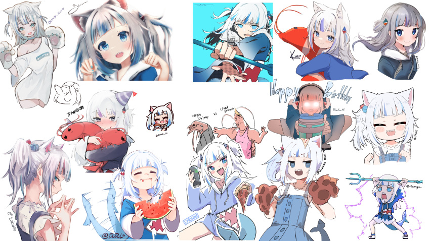 6+girls :3 =_= absurdres animal_ear_fluff animal_ears artist_name blue_background blue_dress blue_eyes blue_hair blue_nails blush blush_stickers cat_ears cat_paws chroneco closed_eyes collaboration collage collarbone commentary cropped_legs cropped_torso daiishori dokuro_deluxe dress dudul eating english_commentary extra_ears fingers_together fish_tail food food_on_head fruit gawr_gura glowing glowing_eyes grey_hair hair_cubes hair_ornament hands_up happy_birthday harutimu hat highres holding holding_food holding_pizza holding_stuffed_toy hololive hololive_english kemonomimi_mode klaius kukie-nyan looking_at_viewer lyrinne magic maru_ccy medium_hair monster_energy mr.holmes multicolored_hair multiple_girls multiple_views naked_shirt object_hug object_on_head oimo_0imo open_mouth party_hat paws pizza polearm ponytail prawn purple_hair shark_hair_ornament shark_tail sharp_teeth shiina_rei shirt short_twintails sideways_glance streaked_hair stuffed_toy suspenders tail tail_wagging teeth tian_nya trident tsukino_(nakajimaseiki) twintails twitter_username watermelon weapon white_background white_footwear white_hair white_shirt