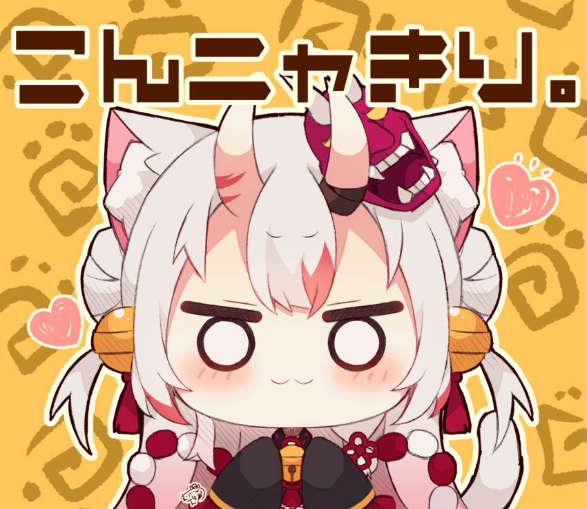 1girl :3 animal_ear_fluff animal_ears bangs bell black_kimono blush brown_background cat_ears cat_girl cat_tail chibi closed_mouth double_bun eyebrows_visible_through_hair hair_bell hair_ornament heart highres hololive horns japanese_clothes jingle_bell kemonomimi_mode kimono long_sleeves looking_at_viewer mask mask_on_head multicolored_hair muuran nakiri_ayame o_o oni oni_horns oni_mask redhead sleeves_past_fingers sleeves_past_wrists solo streaked_hair tail translation_request two_side_up upper_body virtual_youtuber