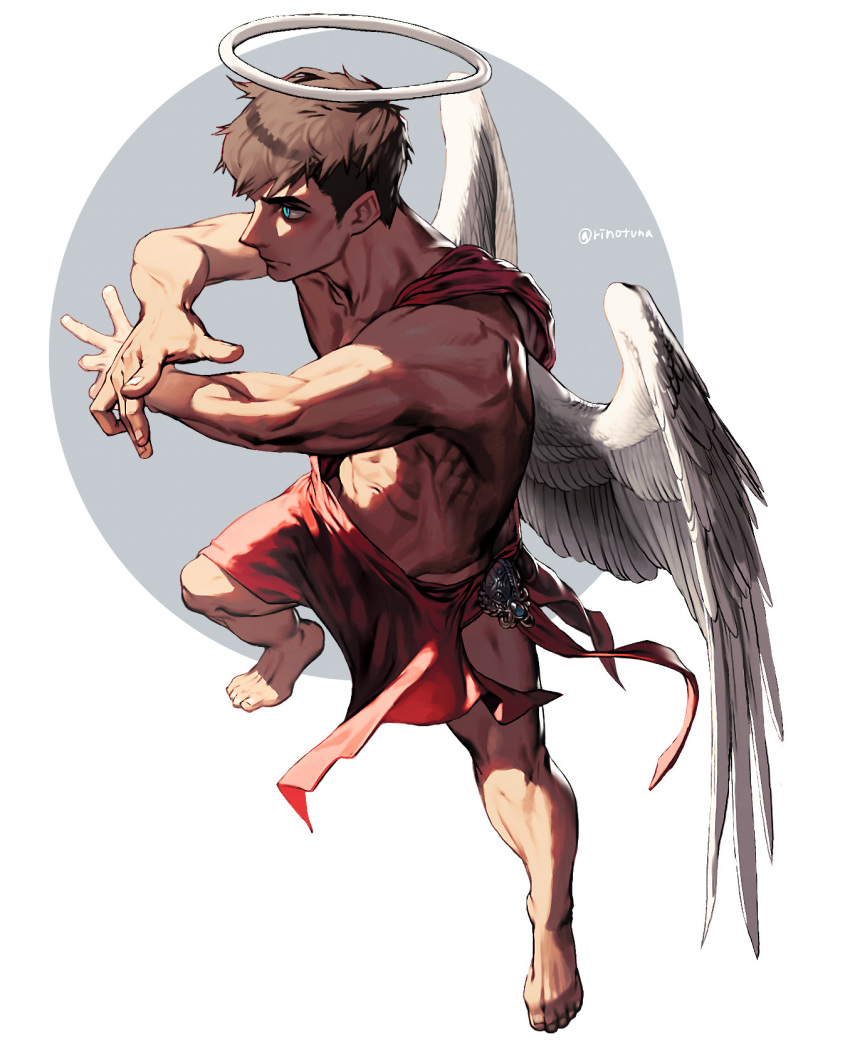 1boy abs angel_wings bare_legs barefoot biceps blue_eyes brown_hair circle feathered_wings halo highres male_focus muscular muscular_male navel original profile rinotuna shadow shirtless short_hair solo twitter_username white_wings wings