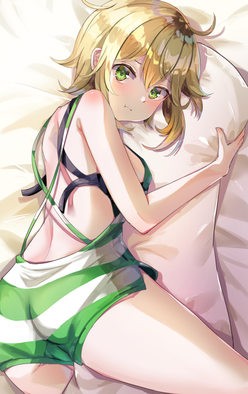 1girl absurdres akatsuki_kirika ass blonde_hair blush breasts from_behind green_eyes highres looking_at_viewer looking_back medium_breasts overalls pillow pillow_hug senki_zesshou_symphogear shiny shiny_hair shiny_skin short_hair solo yuunamida_uyu