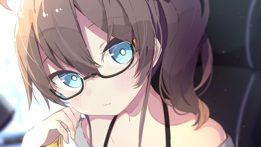 1girl :3 ahoge bangs bespectacled black-framed_eyewear blue_eyes blurry blurry_background blush brown_hair closed_mouth collarbone commentary_request depth_of_field eyebrows_visible_through_hair glasses hair_between_eyes hand_up highres hololive jacket looking_at_viewer natsuiro_matsuri off-shoulder_jacket off_shoulder okota_mikan semi-rimless_eyewear side_ponytail smile solo under-rim_eyewear upper_body virtual_youtuber yellow_jacket