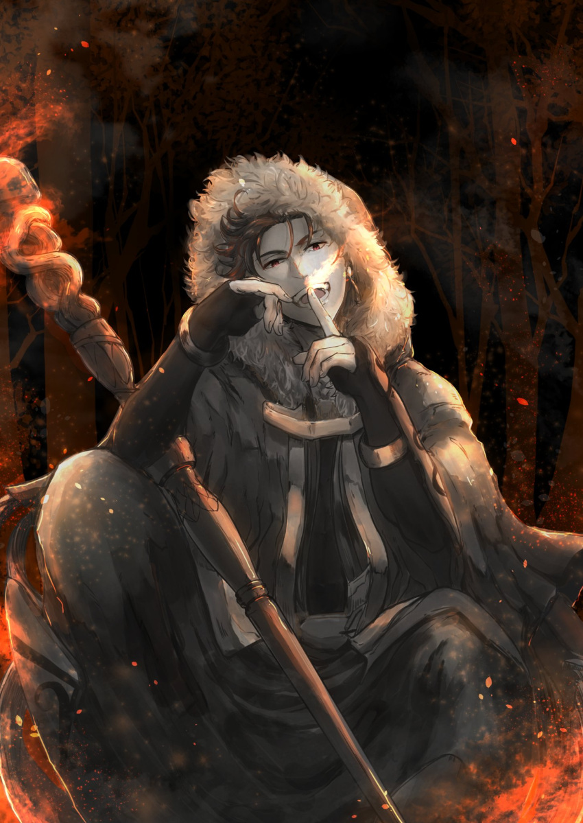 1boy betushio bracelet cape cu_chulainn_(caster)_(fate) cu_chulainn_(fate)_(all) earrings embers fate/grand_order fate_(series) finger_to_mouth fire forest fur-trimmed_hood fur_trim greaves grin head_rest highres hood hood_up hooded_cape jewelry long_hair looking_at_viewer male_focus nature open_mouth outdoors red_eyes sitting smile solo staff vambraces