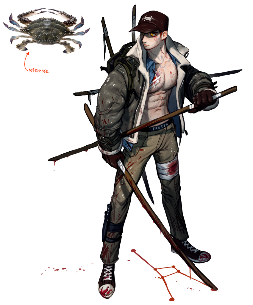 1boy abs absurdres black_gloves black_headwear black_jacket blood blue_shirt crab full_body gloves hat highres holding jacket long_sleeves open_clothes open_jacket original pectorals personification rinotuna shadow shirt simple_background solo standing veins white_background yellow_eyes