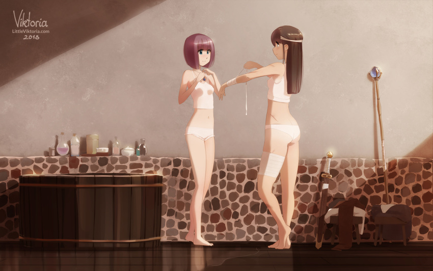 2girls applying_bandages arms_up artist_name bandaged_arm bandaged_head bandaged_leg bandages bare_arms bare_legs barefoot bath blue_eyes breasts brown_hair camisole closed_mouth clothes_removed commentary covered_nipples english_commentary eye_contact eyebrows_visible_through_hair full_body indoors jewelry little_viktoria long_hair looking_at_another midriff multiple_girls navel necklace original panties pink_hair scar scar_on_arm shade short_hair small_breasts smile standing stone_wall stool sword underwear underwear_only wall watermark weapon web_address white_camisole white_panties