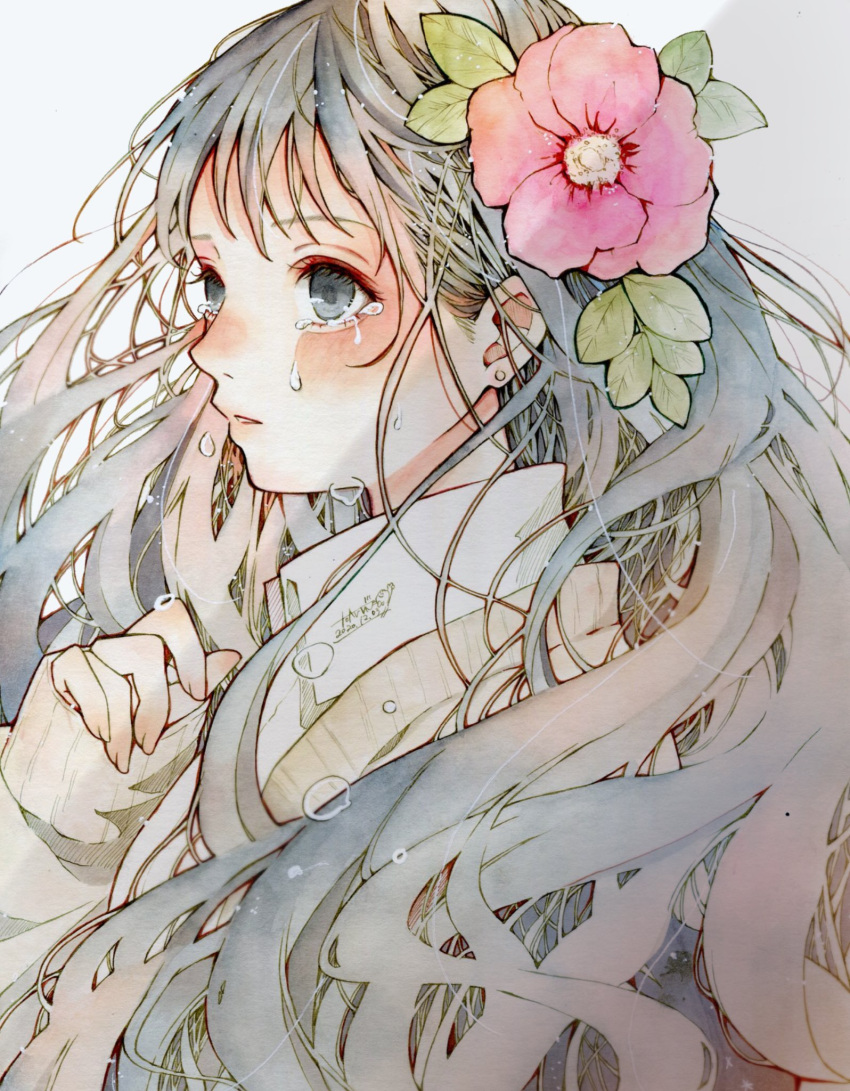 1girl blush collared_shirt dated earrings flower grey_eyes grey_hair hair_flower hair_ornament highres jewelry leaf long_hair long_sleeves original parted_lips pink_flower shirt signature sleeves_past_wrists solo sweater tears toaruocha white_shirt