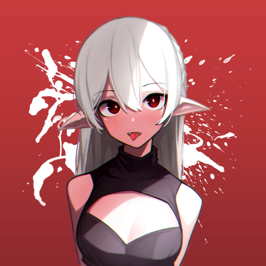 1girl absurdres arknights bare_shoulders beudelb black_shirt blush breasts chromatic_aberration cleavage_cutout clothing_cutout colored_skin fangs full-face_blush hair_between_eyes highres korean_commentary looking_at_viewer pointy_ears red_background red_eyes shirt simple_background sleeveless sleeveless_shirt small_breasts solo tongue tongue_out upper_body vampire warfarin_(arknights) white_hair white_skin