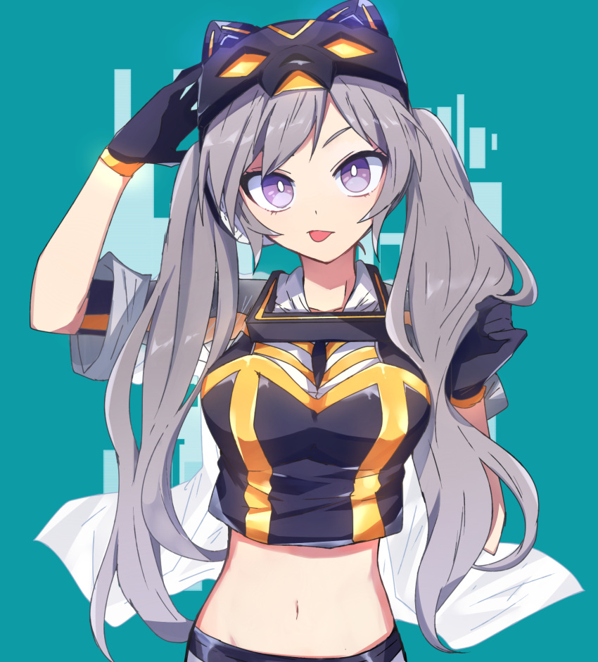 1girl :p animal_hat bangs black_gloves black_headwear black_shorts cat_hat closed_mouth cropped_shirt duel_monster gloves green_background grey_hair hat highres long_hair looking_at_viewer masquerena midriff nanashiba_(banntlla) shorts solo tongue tongue_out twintails upper_body violet_eyes yu-gi-oh!