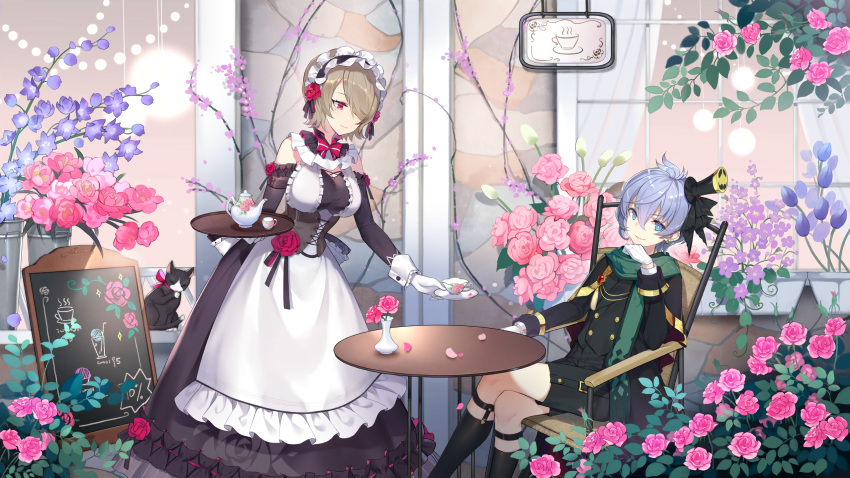2girls apron benghuai_xueyuan black_headwear blue_eyes blue_hair brown_hair cafe chair character_request closed_mouth crossed_legs cup door flower hair_between_eyes hair_flower hair_ornament hair_over_one_eye hand_on_own_chin hat highres honkai_(series) honkai_impact_3rd looking_at_another looking_at_viewer maid maid_apron maid_cafe maid_headdress menu_board multiple_girls official_art petals pink_flower purple_flower rita_rossweisse short_hair sign sitting smile table teacup teapot tray vase violet_eyes