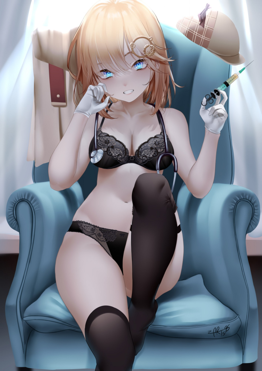 1girl :d armchair backlighting black_legwear black_panties blonde_hair blue_eyes chair collarbone curtains deerstalker gloves grin hair_ornament hat headwear_removed highres holding holding_syringe hololive hololive_english indoors knee_up looking_at_viewer monocle_hair_ornament navel no_shoes open_mouth panties short_hair signature sitting smile solo stethoscope syringe teeth thigh-highs underwear underwear_only virtual_youtuber watson_amelia white_gloves zasshu