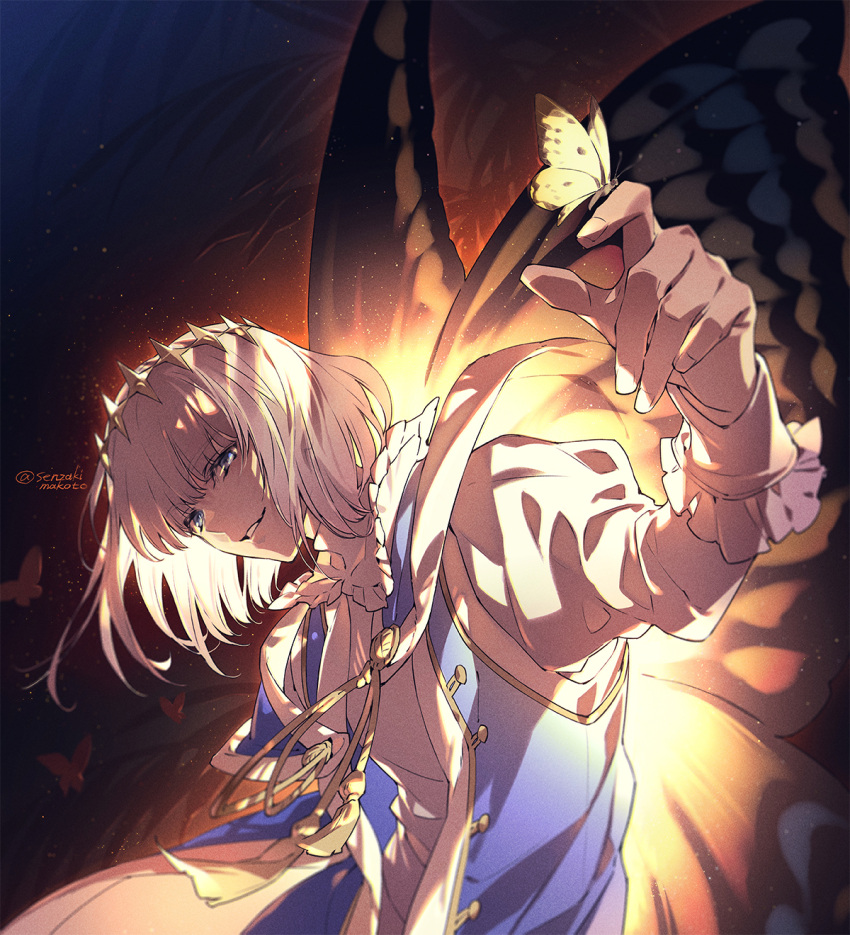 1boy blue_eyes bug butterfly butterfly_wings fate/grand_order fate_(series) highres insect insect_on_finger male_focus oberon_(fate) senzaki_makoto silver_hair twitter_username wings