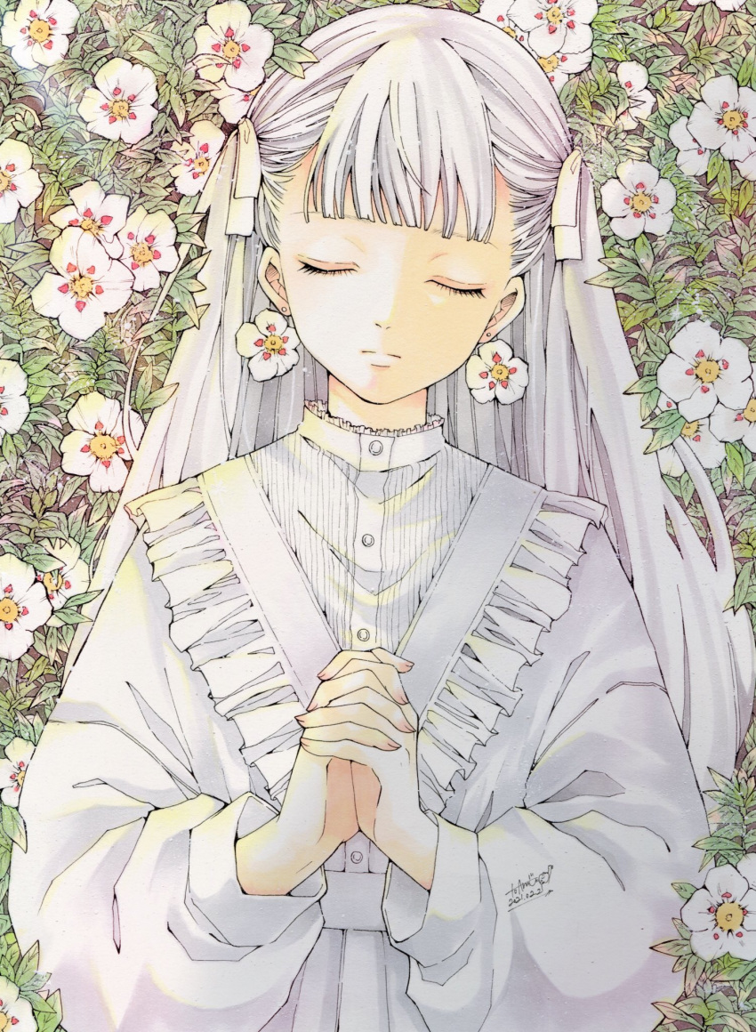 1girl buttons closed_eyes dated dress earrings flower flower_earrings frills hair_ribbon hands_together highres jewelry leaf long_hair long_sleeves original puffy_long_sleeves puffy_sleeves ribbon signature solo toaruocha upper_body white_dress white_flower white_hair white_ribbon