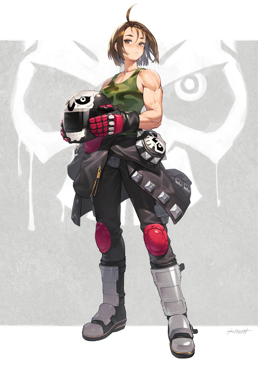 1girl black_jacket black_pants blush brown_eyes brown_hair camouflage_tank_top clothes_around_waist full_body gloves helmet hichi highres jacket jacket_around_waist kazama_akira knee_pads looking_at_viewer motorcycle_helmet muscular muscular_female pants parted_lips project_justice rival_schools rival_schools:_united_by_fate short_hair skull_print solo standing sweatdrop