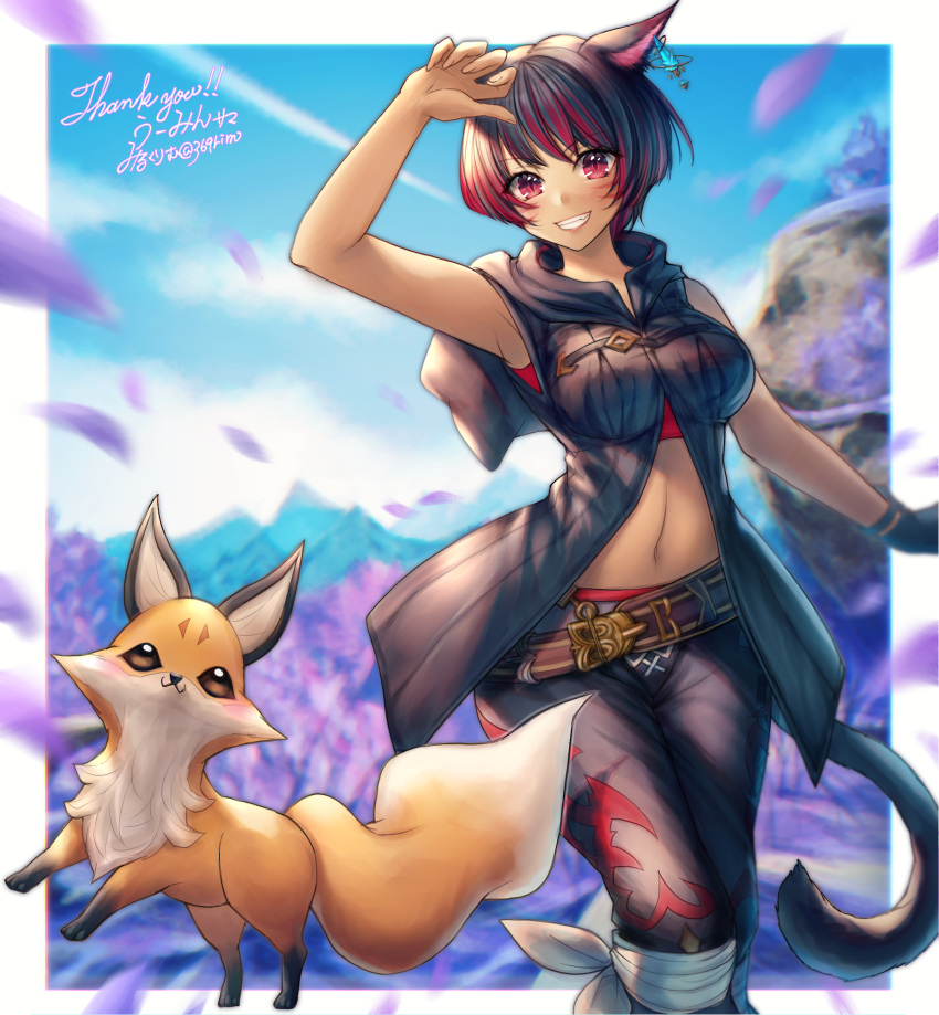 animal_ears bangs belt black_hair blurry blurry_background breasts cat_ears cat_tail dark-skinned_female dark_skin earrings eyebrows_visible_through_hair facial_mark final_fantasy final_fantasy_xiv fox gloves highres jewelry looking_at_viewer medium_breasts miqo'te mirukurim motion_blur mountainous_horizon multicolored_hair petals red_eyes redhead short_hair single_glove sleeveless slit_pupils smile tail two-tone_hair whisker_markings