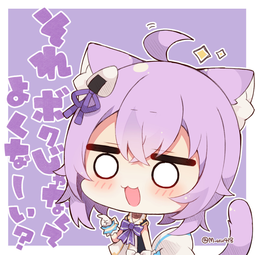 1girl :3 :d ahoge animal_ear_fluff animal_ears black_jacket blush bow cat_ears cat_girl cat_tail chibi gloves hair_ornament hair_ribbon hand_up highres hololive jacket muuran nekomata_okayu o_o open_mouth pointing purple_background purple_bow purple_ribbon ribbon smile solo tail tail_raised translation_request twitter_username two-tone_background upper_body virtual_youtuber white_background white_bow white_gloves