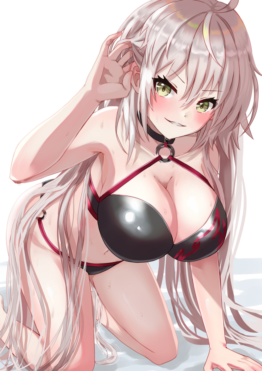 1girl absurdres ahoge bangs bare_legs belt bikini black_bikini breasts fate/grand_order fate_(series) hair_between_eyes highres jeanne_d'arc_(alter_swimsuit_berserker)_(fate) jeanne_d'arc_(fate)_(all) li_zhu long_hair looking_at_viewer open_mouth silver_hair simple_background solo swimsuit white_background yellow_eyes