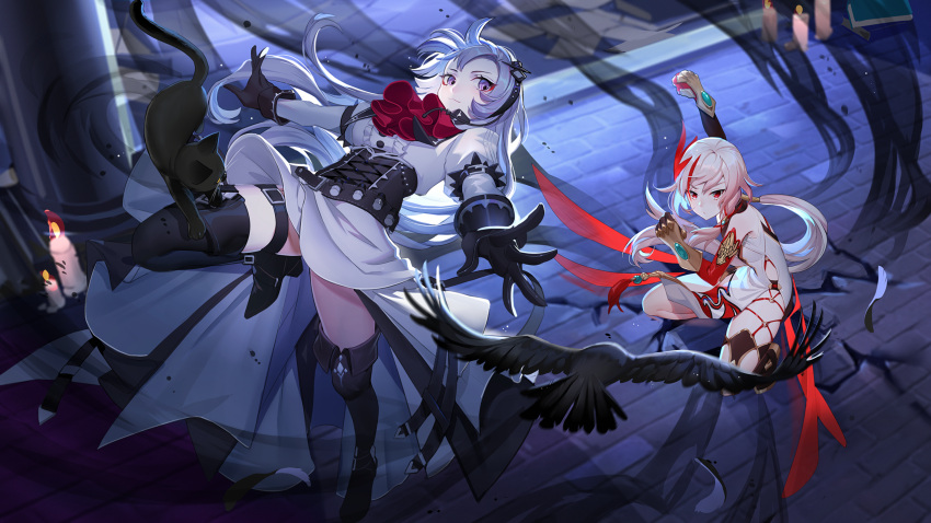 2girls asymmetrical_footwear bangs bare_shoulders benghuai_xueyuan bird black_gloves black_legwear candle character_request china_dress chinese_clothes closed_mouth cracked_floor crow dress fighting fu_hua fu_hua_(phoenix) gloves hair_between_eyes hair_ornament highres honkai_(series) honkai_impact_3rd long_sleeves looking_at_another looking_back mismatched_gloves multiple_girls night official_art ponytail red_eyes red_gloves shadow skirt sleeveless thigh-highs violet_eyes white_hair white_skirt