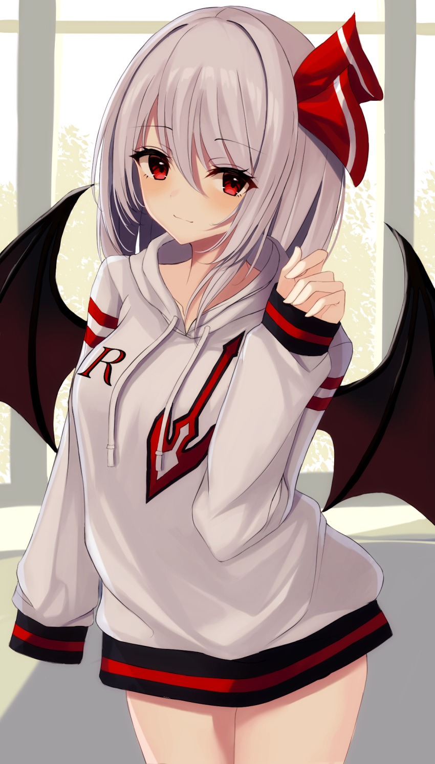 .me 1girl alternate_costume arched_back arm_up bat_wings commentary cowboy_shot day drawstring eyebrows_visible_through_hair hair_between_eyes hair_ribbon hallway highres hood hood_down hoodie indoors light_blush light_smile no_hat no_headwear no_pants purple_hair remilia_scarlet ribbon short_hair sleeves_past_wrists solo standing touhou white_hoodie window wings