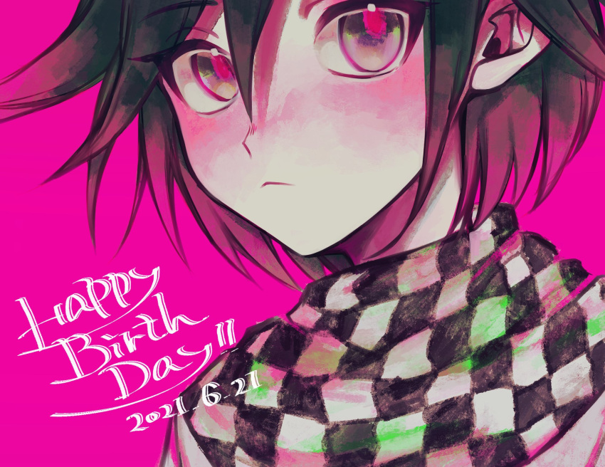 1boy :&lt; bangs bbjj_927 black_hair blush checkered checkered_neckwear checkered_scarf closed_mouth commentary_request dangan_ronpa_(series) dangan_ronpa_v3:_killing_harmony dated happy_birthday highres jacket looking_at_viewer male_focus ouma_kokichi pink_background pink_eyes pink_hair scarf short_hair solo upper_body