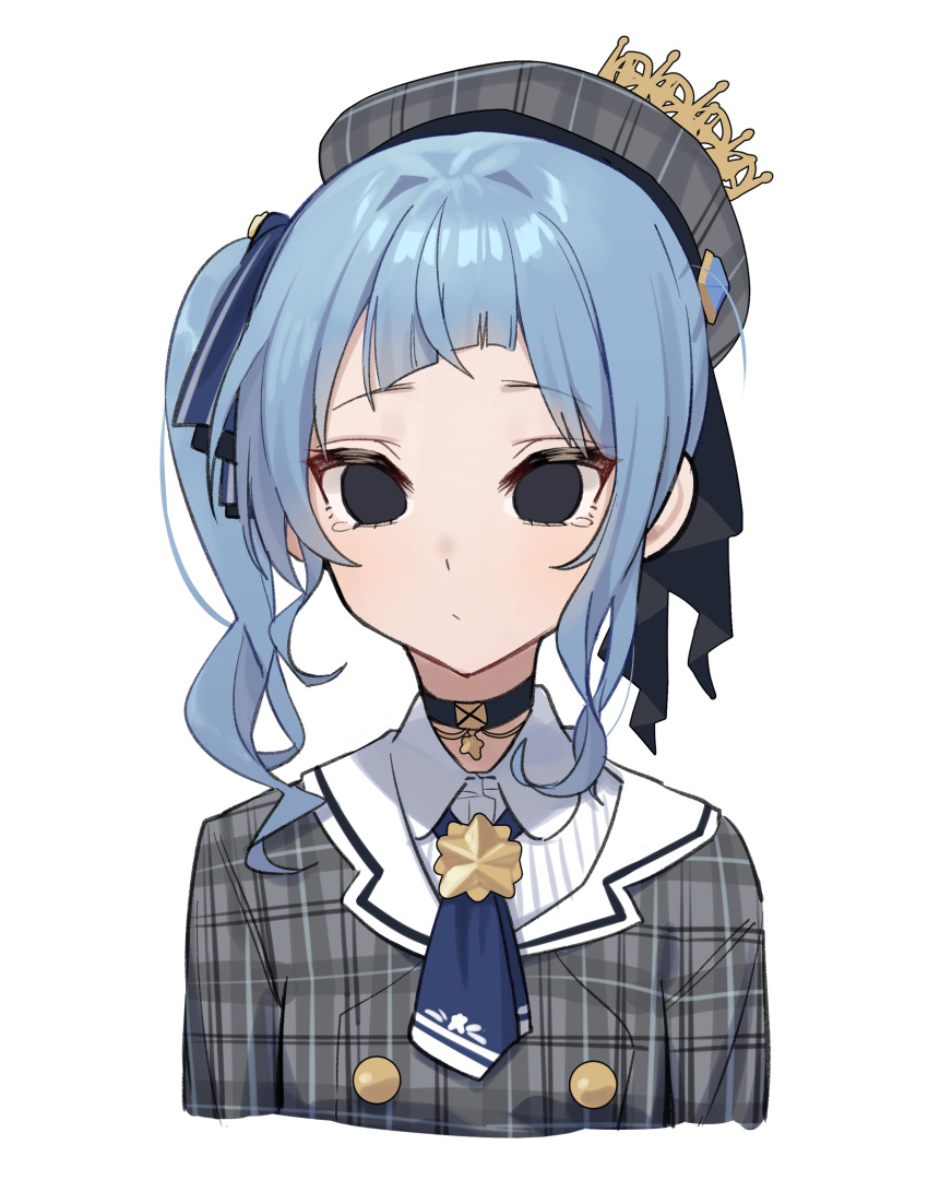 1girl absurdres beret black_choker black_hair blue_bow blue_hair blue_neckwear bow choker closed_mouth collared_shirt cropped_torso dress_shirt empty_eyes grey_headwear grey_jacket hair_bow hat highres hololive hoshimachi_suisei jacket long_hair looking_at_viewer plaid_headwear plaid_jacket shirt side_ponytail simple_background solo syhan tears upper_body virtual_youtuber white_background white_shirt