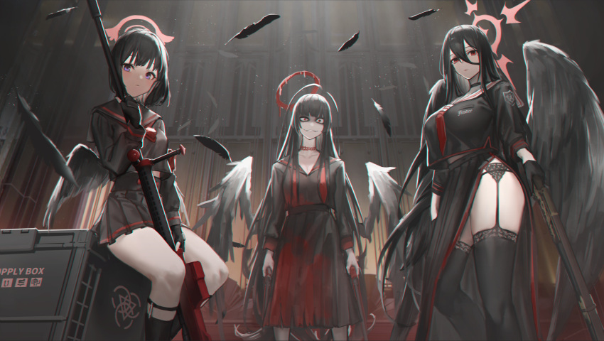 3girls bangs between_thighs black_choker black_gloves black_hair black_legwear black_panties black_serafuku black_skirt black_wings blue_archive blunt_bangs breasts choker dripping dual_wielding eyebrows_visible_through_hair feathered_wings feathers garter_belt gloves gun hair_between_eyes halo hasumi_(blue_archive) highres holding indoors large_breasts long_hair long_skirt long_sleeves looking_at_viewer low_wings mashiro_(blue_archive) miniskirt mole mole_under_eye multiple_girls panties parted_lips pleated_skirt red_eyes sailor_collar school_uniform serafuku short_hair side_slit sitting skirt standing thigh-highs tsurugi_(blue_archive) underwear very_long_hair violet_eyes weapon weapon_request wings yakushi9kv