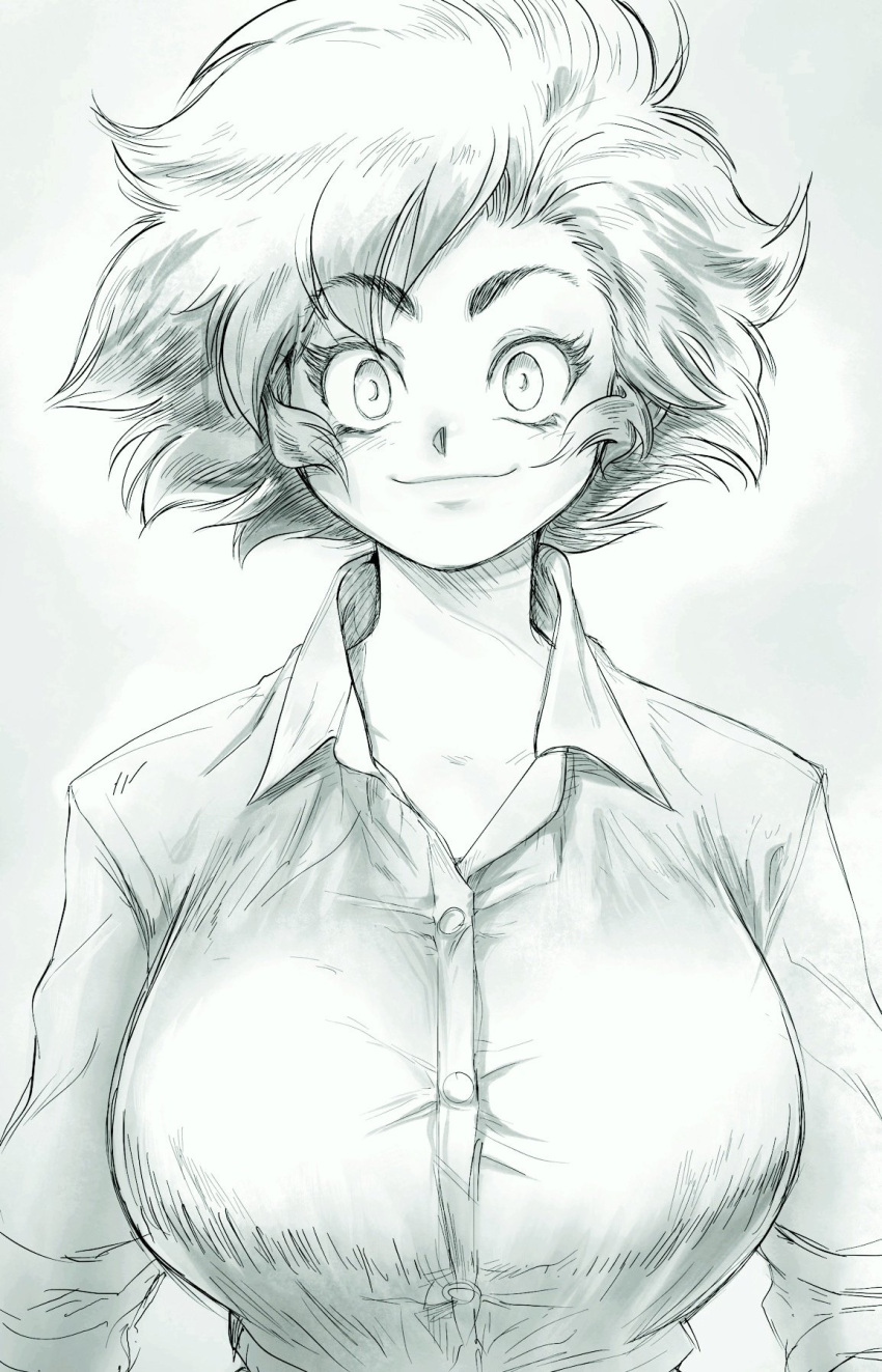 1girl breasts buttons closed_mouth collared_shirt eyebrows_visible_through_hair greyscale highres large_breasts long_sleeves looking_at_viewer maxine_(yves_bigerel) messy_hair monochrome original shirt short_hair smile solo upper_body yves_bigerel