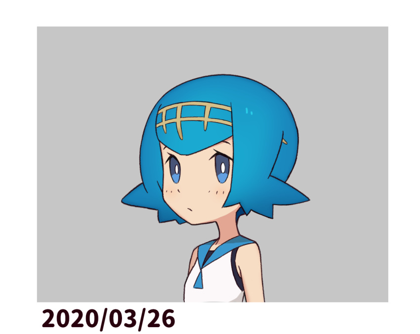 1girl bangs bare_arms blue_eyes blue_hair blue_sailor_collar border bright_pupils closed_mouth commentary_request dated freckles grey_background hairband lana_(pokemon) no_sclera pokemon pokemon_(game) pokemon_sm sailor_collar shirt short_hair sleeveless sleeveless_shirt solo squid_neetommy swimsuit swimsuit_under_clothes trial_captain upper_body white_border white_pupils white_shirt yellow_hairband