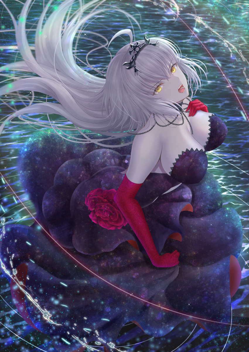 1girl absurdres bangs black_hair crown dress elbow_gloves fate/grand_order fate_(series) flower gloves hair_ornament highres huge_filesize jeanne_d'arc_(alter)_(fate) jeanne_d'arc_(fate)_(all) light long_hair looking_at_viewer looking_back open_mouth penguintake red_gloves ribbon silver_hair solo splashing water_surface yellow_eyes