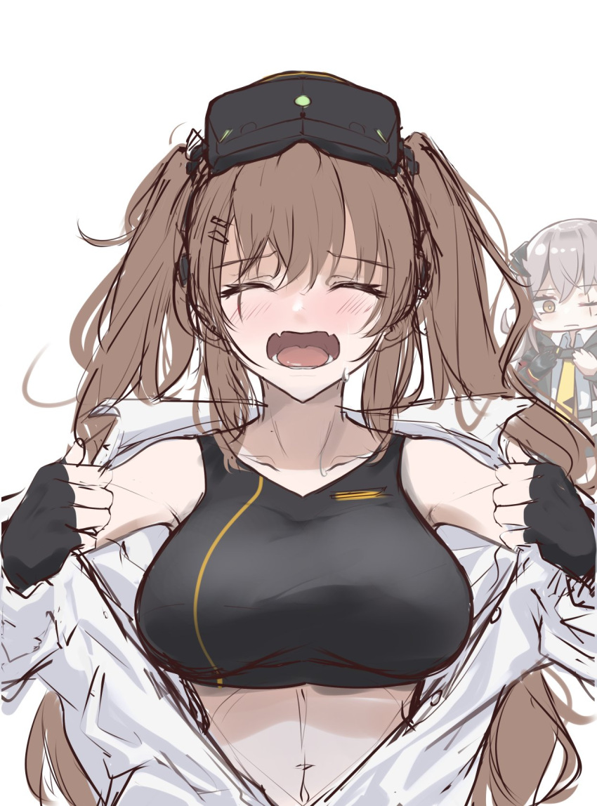 2girls bangs black_gloves blush breasts brown_hair closed_eyes closed_mouth fangs fingerless_gloves girls_frontline gloves goggles goggles_on_head highres large_breasts long_hair mod3_(girls_frontline) multiple_girls one_eye_closed open_mouth road757 scar scar_across_eye shirt simple_background sketch skin_fangs solo_focus sports_bra twintails ump45_(girls_frontline) ump9_(girls_frontline) upper_body white_background white_shirt