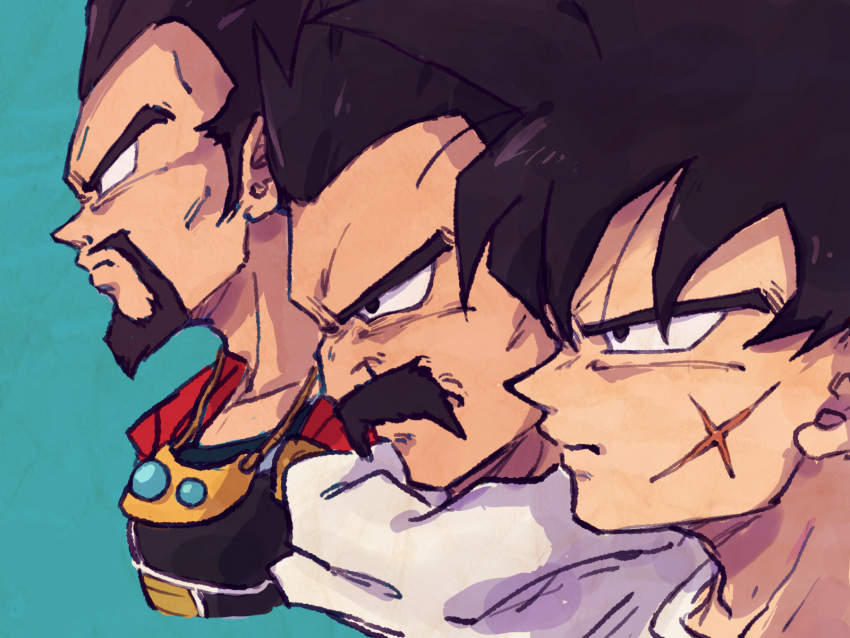 3boys adam's_apple armor bardock beard black_eyes black_hair blue_background cheekbones close-up closed_mouth collarbone cropped_shoulders dragon_ball dragon_ball_minus dragon_ball_super dragon_ball_super_broly dragon_ball_z face facial_hair facing_away from_side frown highres jewelry king_vegeta lineup looking_afar male_focus multiple_boys necklace paragus_(dragon_ball_super) profile scar scar_on_cheek scar_on_face serious simple_background spiky_hair tkgsize wrinkles
