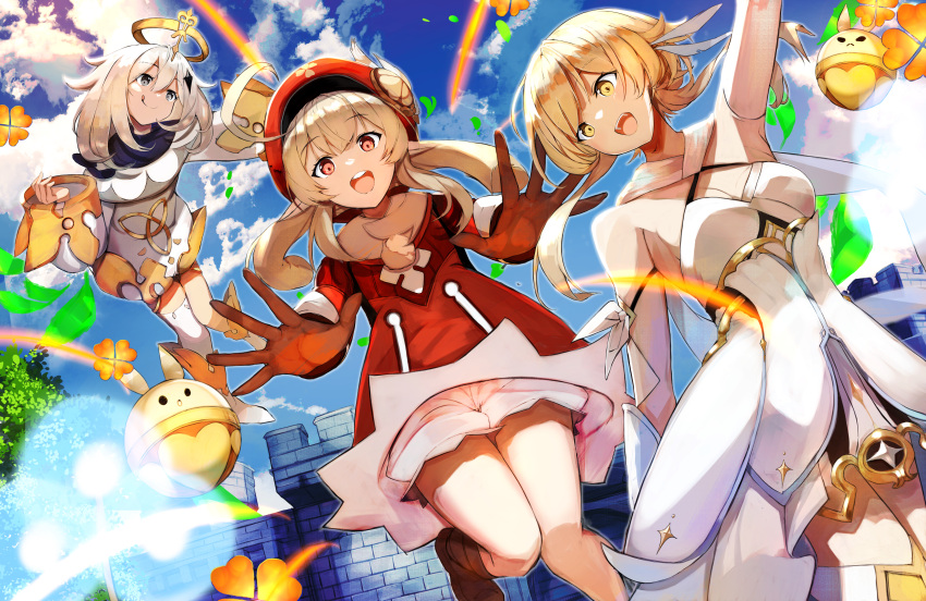 3girls :d absurdres ahoge arm_up blonde_hair bloomers blue_eyes blue_sky cabbie_hat clouds dress genshin_impact gloves halo hat highres huge_filesize klee_(genshin_impact) looking_at_viewer lumine_(genshin_impact) maruno_ball multiple_girls open_mouth paimon_(genshin_impact) paimon_(magi) red_dress red_eyes red_headwear sky smile standing tree twintails underwear white_dress white_hair yellow_eyes
