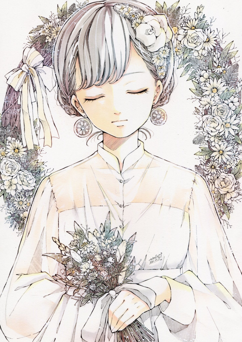 1girl bow closed_eyes dated earrings flower grey_hair hair_flower hair_ornament highres holding holding_flower jewelry long_sleeves original puffy_long_sleeves puffy_sleeves ribbon shirt signature solo toaruocha traditional_media upper_body white_bow white_flower white_ribbon white_shirt wreath