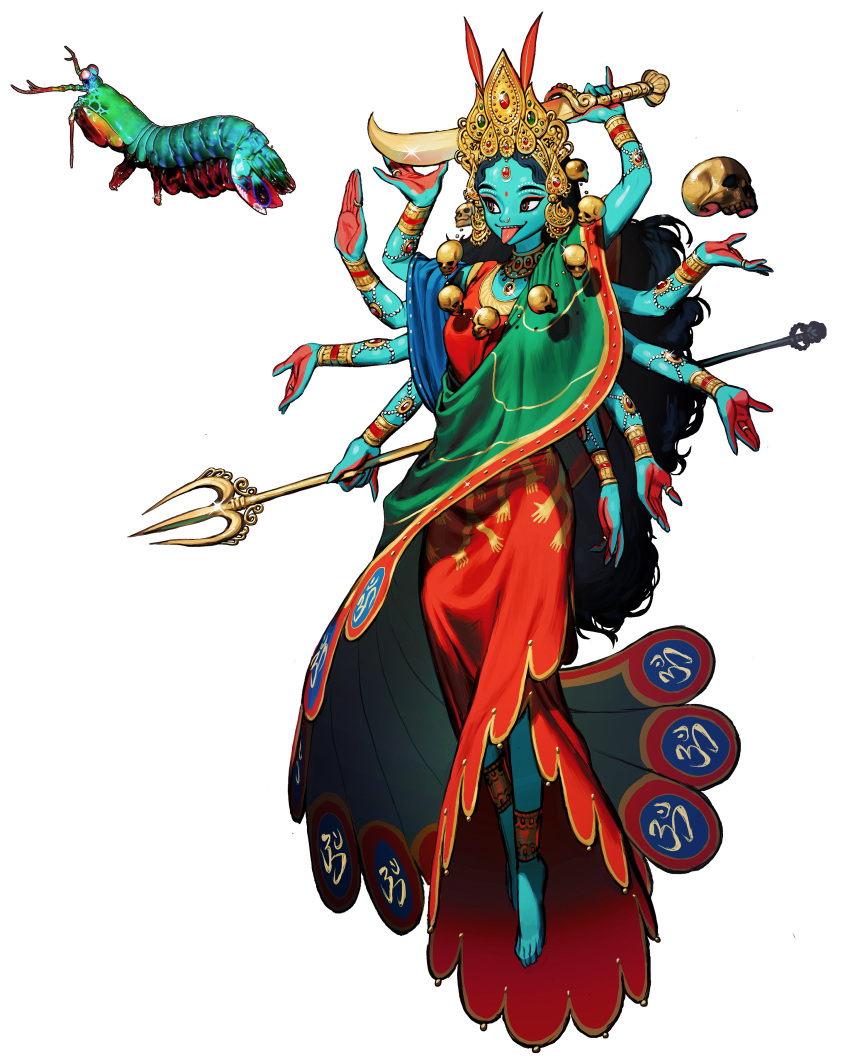 1girl absurdres barefoot black_hair blue_skin brown_eyes colored_skin crown extra_arms full_body highres hindu_mythology holding jewelry kali long_hair mantis_shrimp necklace nose_piercing nose_ring personification piercing rinotuna shadow simple_background skull smile solo tongue tongue_out white_background