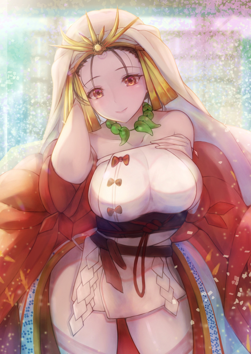 1girl absurdres belt black_hair breasts collarbone dress fate/grand_order fate_(series) headpiece highres himiko_(fate) japanese_clothes jewelry kerchief large_breasts long_hair looking_at_viewer necklace penguintake red_dress red_eyes smile solo