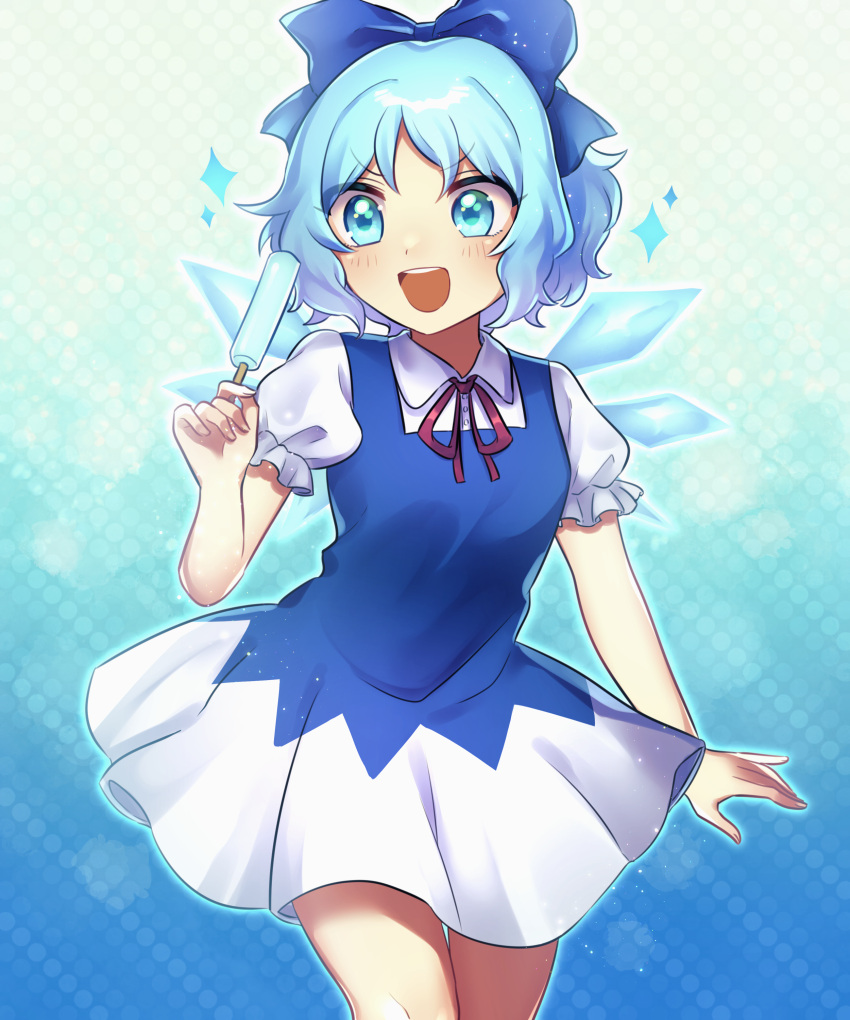 1girl absurdres aqua_background bangs blue_background blue_bow blue_dress blue_eyes blue_hair bow cirno collar dress eyebrows_visible_through_hair food gradient gradient_background hand_up highres hitosaji ice ice_cream ice_wings looking_at_viewer open_mouth puffy_short_sleeves puffy_sleeves red_bow red_neckwear short_hair short_sleeves smile solo standing star_(symbol) touhou white_collar white_sleeves wings